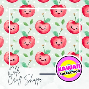 Archivo de patrón sin costuras, lindas cerezas de acuarela de dibujos animados kawaii, fruta, patrón textil de papel digital, guardería de bebé JPEG, PNG