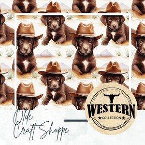 File Western Seamless, cucciolo di Labrador marrone cioccolato acquerello carino che indossa un cappello da cowboy, selvaggio West, modello tessile di carta digitale PNG