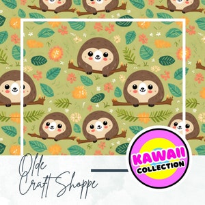 Archivo de patrón sin costuras, lindo perezoso de dibujos animados kawaii sobre fondo verde, papel digital animal, patrón textil, guardería de bebé, PNG, JPEG
