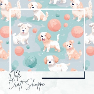 Archivo de patrón sin costuras, lindos cachorros de dibujos animados y pelotas de juguete, papel digital para perros, tela textil, niños, JPEG, PNG