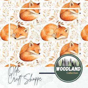 File di piastrelle con motivo ripetuto senza soluzione di continuità, acquerello di una volpe addormentata, animale di una creatura del bosco, foresta, carta digitale, cameretta per bambini, PNG JPG