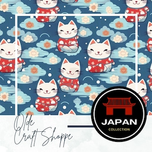 Patrón sin costuras, lindo gato de la suerte de dibujos animados kawaii, Maneki-Neko, japonés, papel digital, patrón textil, JPEG, PNG