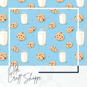 Seamless Repeating Pattern File, Milk and Cookies on Blue Background, Food Pair, Digital Paper, Snacks, Treats, Textile Fabric, PNG JPEG PDF