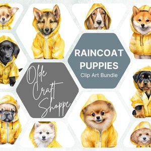 TRANSPARENT BACKGROUND Cute Adorable Watercolor Puppies Wearing Yellow Raincoat Clipart Bundle, PNG