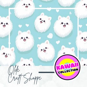 Seamless Pattern File, Cute Cartoon Kawaii White Pomeranian Puppies Blue Background, Dog, Digital Paper, Textile Fabric, Baby Nursery, PNG