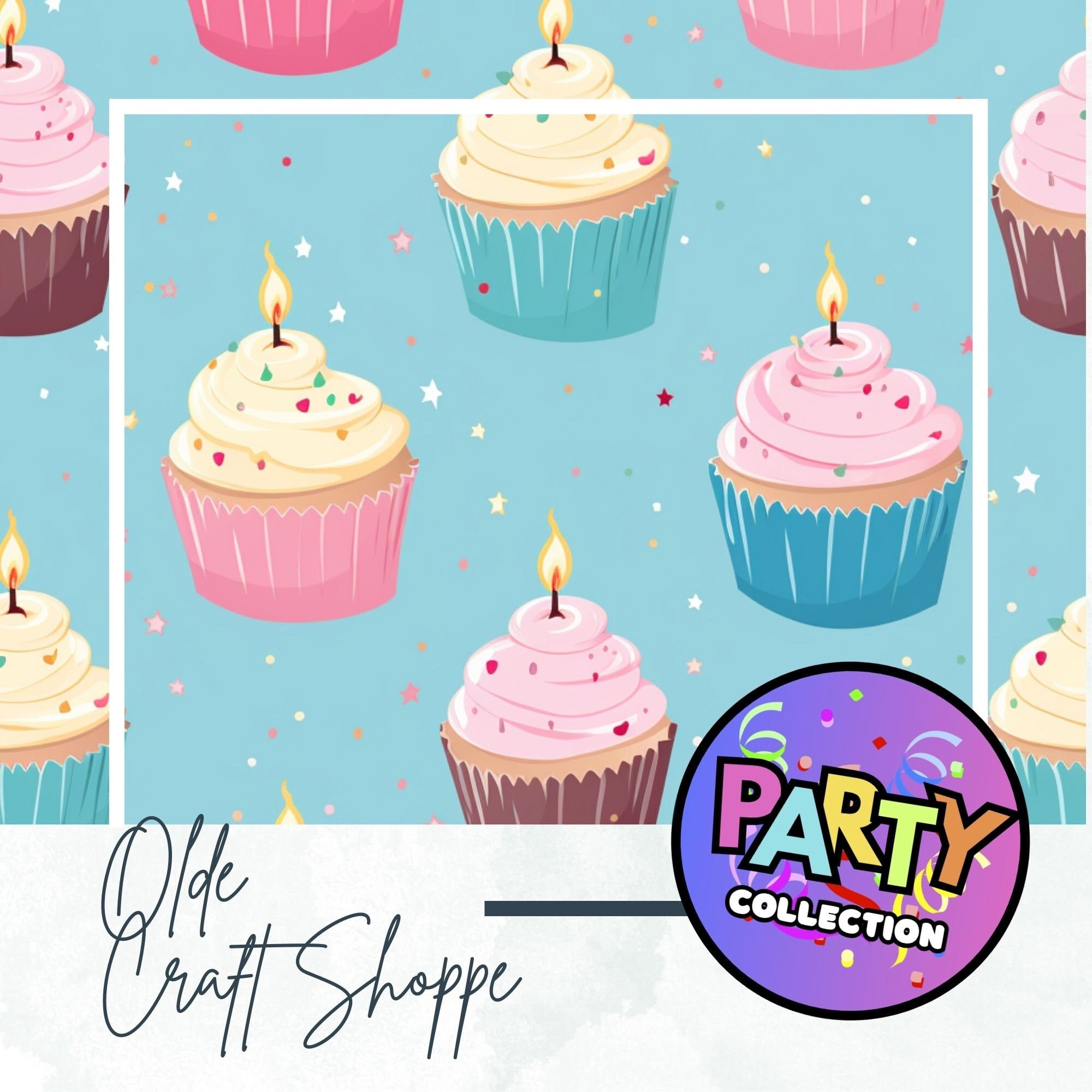 Seamless Pattern File, Pastel Birthday Cupcake on Blue Background, Digital Paper, Textile Pattern, Happy Birthday, PNG, JPEG