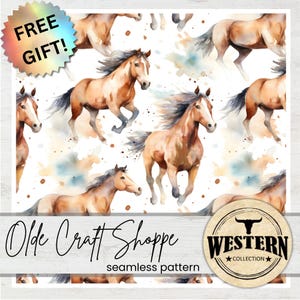 Nahtlos sich wiederholende Musterkacheldatei, Aquarell Westernpferde, Braun, Bay, Dun, Wilder Westen Digitales Papier, Textilgewebe JPEG PNG | W010