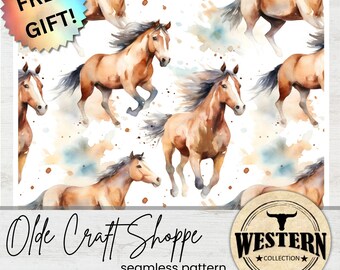 Seamless Repeating Pattern Tile File, Watercolor Western Horses, Brown, Bay, Dun, Wild West Digital Paper, Textile Fabric JPEG PNG | W010