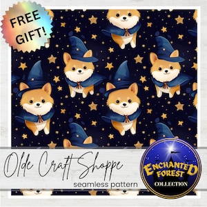 Cute Kawaii Cartoon Shiba Inu Puppies Wizard Seamless Pattern File, Sorcerer Magic, Dog Breed, Digital Paper, Textile Fabric, PNG JPG PDF