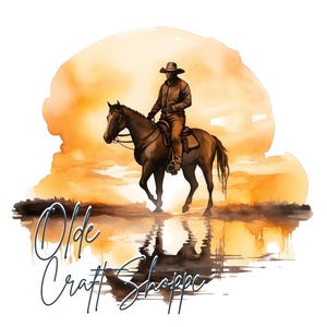 Pacchetto clipart con sfondo trasparente, silhouette di cowboy al tramonto in acquerello di alta qualità PNG, immagini digitali del selvaggio West, arte murale occidentale