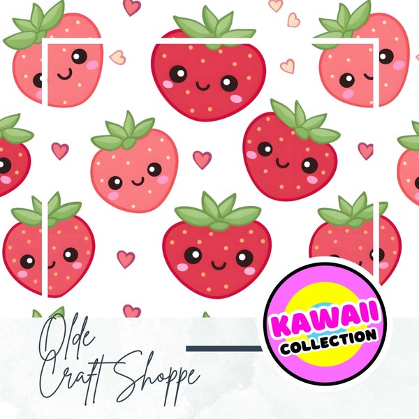 Seamless Pattern File, Cute Cartoon Strawberry and Hearts, Kawaii Food, Valentine Digital Paper, Textile Pattern, Baby Nursery, Kids, PNG