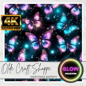 File di piastrelle con motivo ripetuto senza soluzione di continuità 4K Premium, farfalla colorata vibrante, bagliore blu rosa, luminescente, carta digitale, texture 3D / BU011