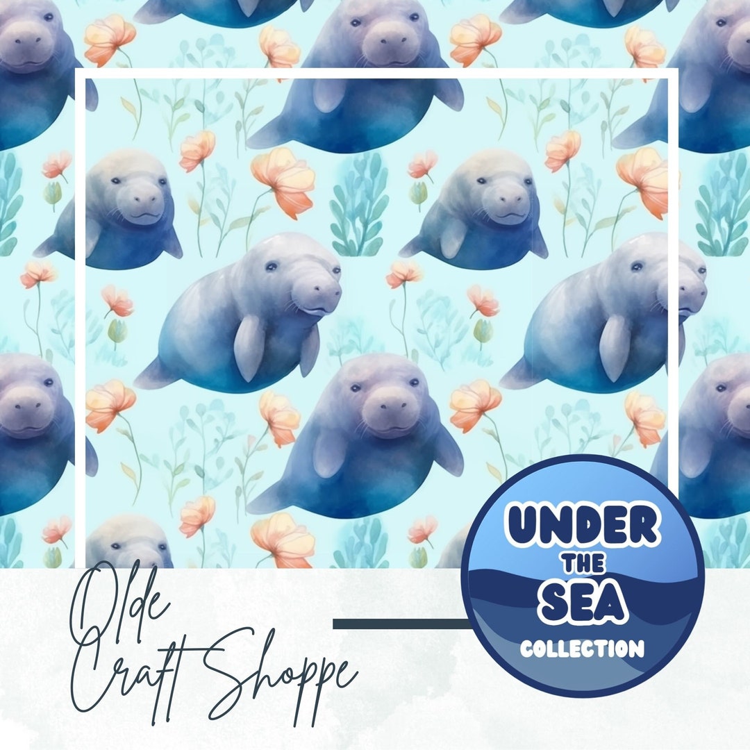 Seamless Pattern File, Watercolor Baby Manatees and Flowers, Ocean ...