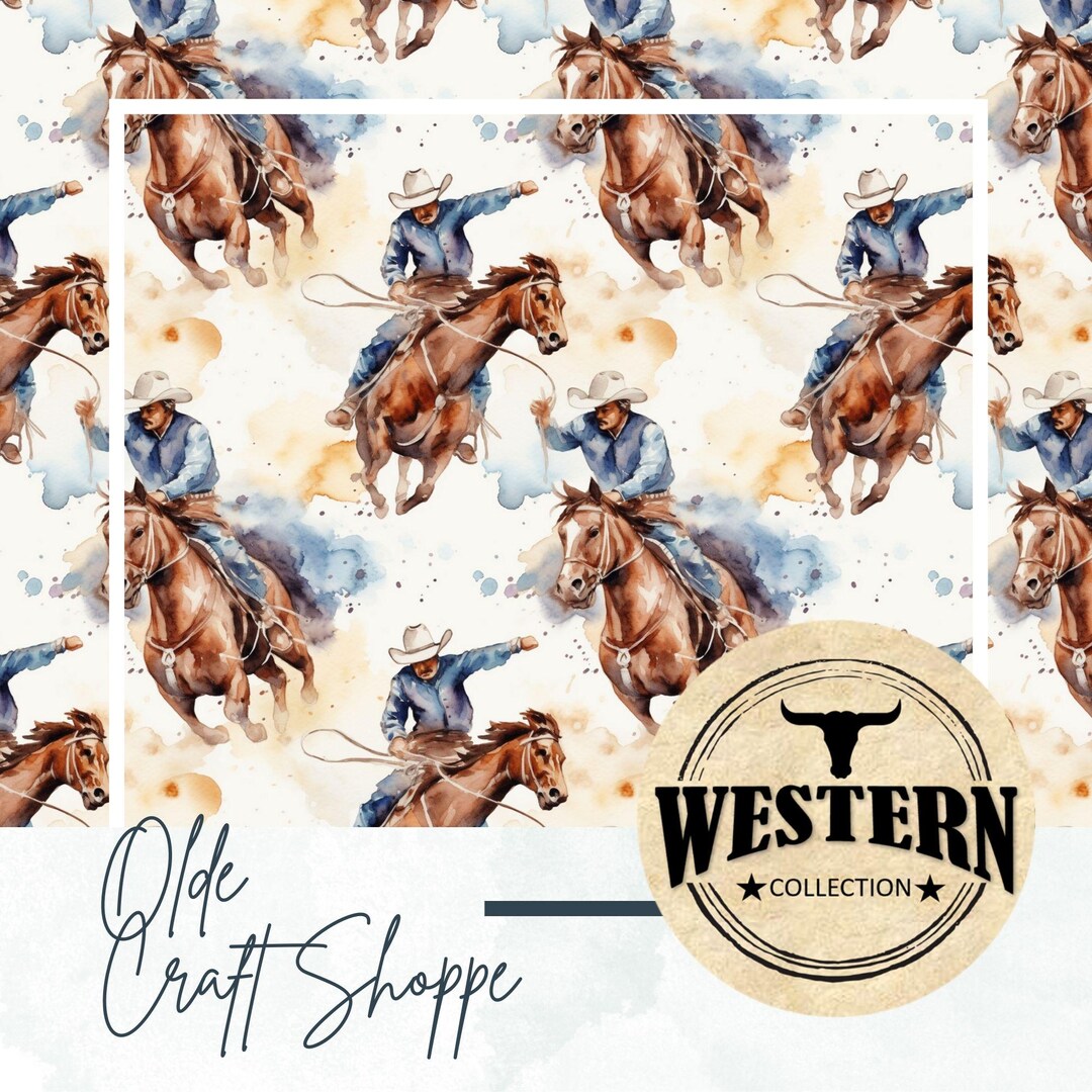 Western Rodeo Pattern Western Seamless File, Watercolor Cowboy Rodeo Horse Rider, Saddle ...