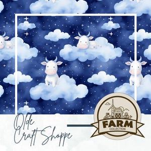 Seamless Pattern File, Cute Cartoon Baby Cows on Clouds, Calf Farm Animal, Night Sky, Digital Paper, Textile Fabric, PNG JPG