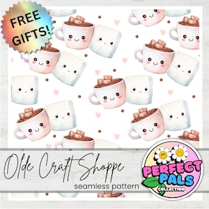 Nahtlos wiederholende Musterfliese, Aquarell Kawaii Heiße Schokolade und Marshmallow Lebensmittel Paar, Perfektes Paar, Digitales Papier | PP009