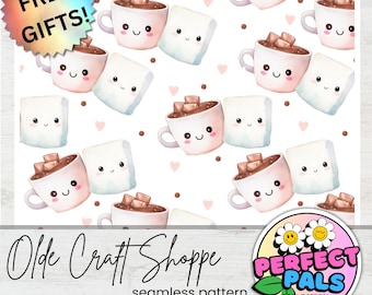 Seamless Repeating Pattern Tile File, Watercolor Cute Kawaii Hot Chocolate and Marshmallow Food Pair, Perfect Couple, Digital Paper | PP009