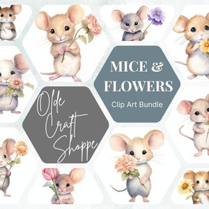 Irrésistiblement adorable lot de cliparts aquarelle souris et fleurs, format PNG avec fond transparent, usage commercial