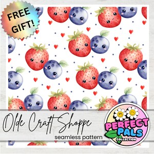 Seamless Repeating Pattern Tile File, Watercolor Cute Kawaii Strawberry and Blueberry, Food Pairs Couple, Digital Paper, JPG PNG PDF | PP020