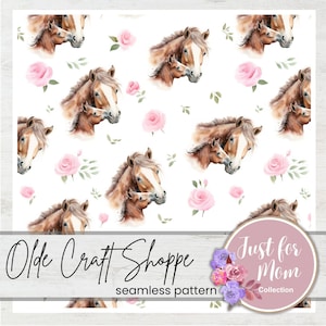Aquarell Pferdemama und Baby Pony Musterdatei, Muttertagsblumen Druck, Western, Digitalpapier, Textilgewebe PNG PDF JPG