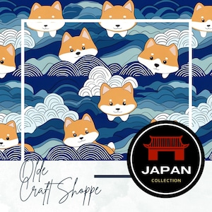 Seamless Repeating Pattern Tile File, Cute Kawaii, Cartoon Shiba Inu Puppies and Japanese Waves, Dog Breed, Digital Paper, PNG JPG