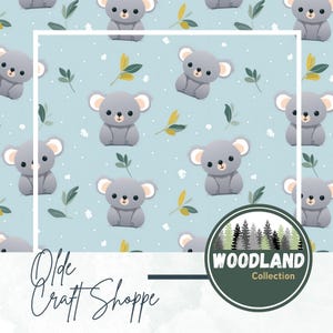 Archivo de mosaico con patrón repetitivo sin costuras, adorable koala kawaii de dibujos animados sobre fondo azul, interior australiano, papel digital, textil, PNG JPG