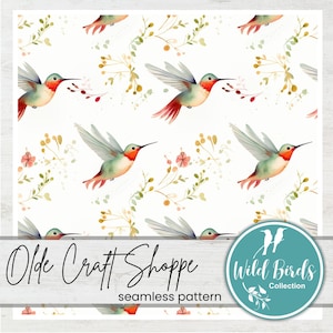 Fichier de modèle sans couture colibri fleurs aquarelle, carreaux répétitifs de la faune, observation des oiseaux sauvages, papier numérique bois, JPG PNG PDF