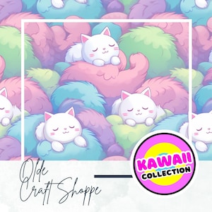Nahtlose Musterdatei, Kawaii Pastell Pastell Cartoon weißes Kätzchen schläft Nickerchen, digitales Papier, Textilgewebe, Kinderzimmer, Kinder, JPG PNG
