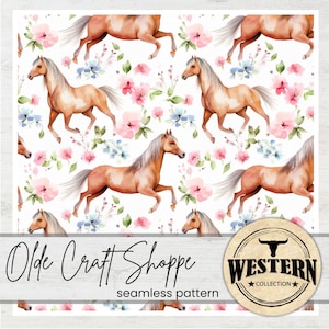 Western Musterdesign Fliesendatei, Aquarell Braune Pferde und Blumen, Wilder Westen, Digitales Papier, Textilgewebe, JPG PNG PDF