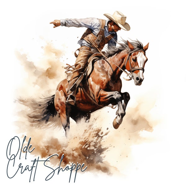 Bundle de cliparts aquarelle western cowboy rodeo bronc riders, far west, 10 images graphiques numériques imprimables de haute qualité, JPG, art mural