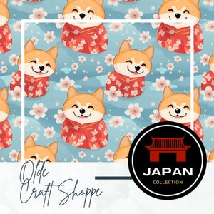 Seamless Pattern File, Cute Kawaii, Cartoon Shiba Inu Puppies Wearing Kimono, Sakura, Dog Breed, Digital Paper, Textile Fabric, PNG JPG