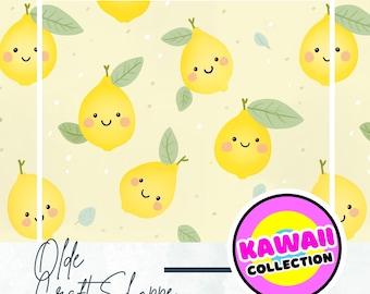 Seamless Pattern File, Cute Kawaii Cartoon Watercolor  Yellow Lemons, Fruit, Digital Paper Textile Pattern, Baby Nursery, Clothing, PNG