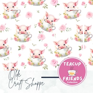 TRANSPARENTER HINTERGRUND Teetasse Ferkel Musterdatei, Baby Schwein Print, Bauernhof wiederholende Fliese, digitales Papier, Blumen jpg png pdf | TC001