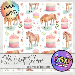 Westers naadloos herhalend patroonbestand, pastelverjaardagstaart en paardenbloemen, bloemen digitaal papier, Happy Birthday Party, png jpg pdf