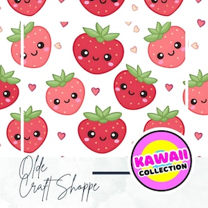 Archivo de patrón sin costuras, linda caricatura de fresa y corazones, comida kawaii, papel digital de San Valentín, patrón textil, guardería para bebés, niños, PNG