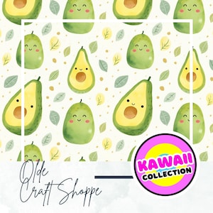 Archivo de impresión de patrón sin costuras, linda caricatura kawaii de aguacate de acuarela, fruta, papel digital, tela textil, guardería para bebé, recién nacido, JPEG, PNG
