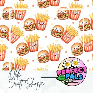 Seamless Repeating Pattern File, Watercolor Cute Kawaii Burger and French Fries, Food Pairs Perfect Couple, Digital Paper, PNG | PP010