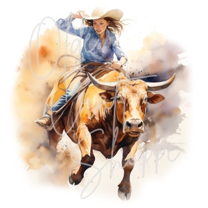 Watercolor Western Female Rodeo Bull Riders Clipart Bundle, Woman, Wild ...