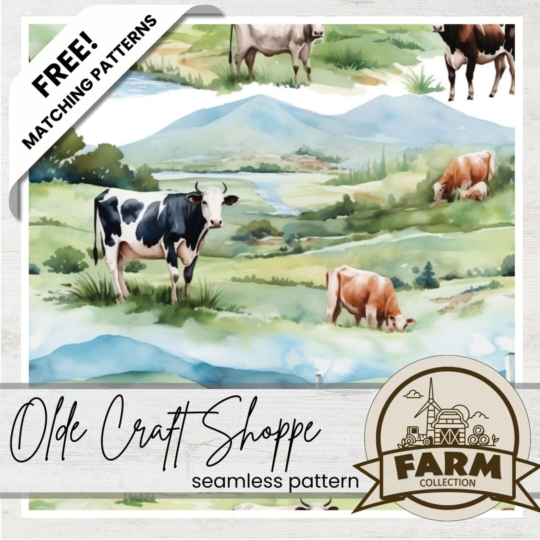 Seamless Repeating Pattern Tile File, Watercolor Dairy Cows on Farm ...
