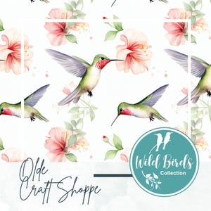 Aquarell Rubinkehlkolibri Blumen Musterdatei, Wildtier Druck, Wildvögel wiederholende Fliese, Waldtier digitales Papier
