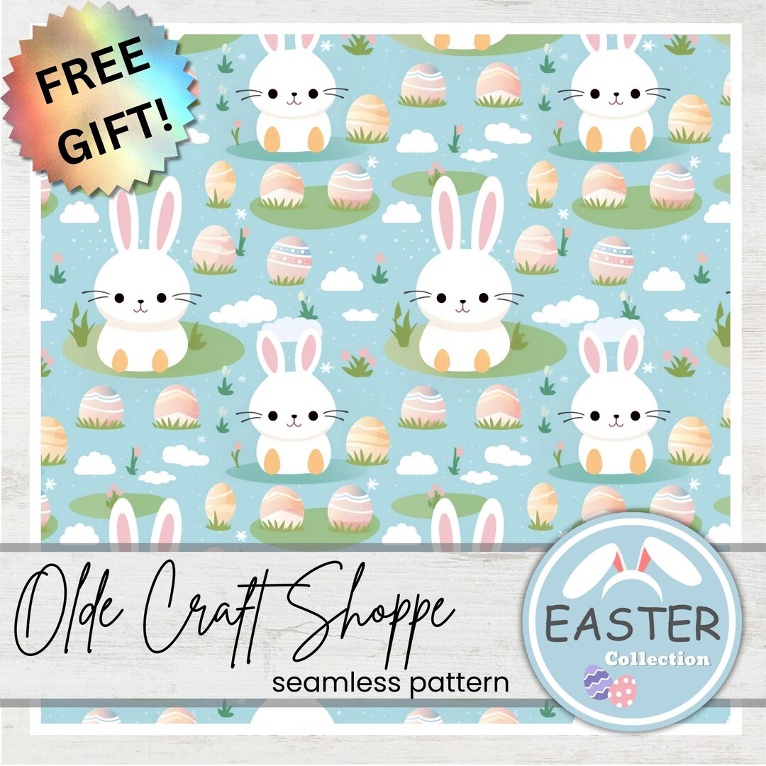 Seamless Pattern File, Cute Pastel Easter Bunny and Eggs, Flowers ...