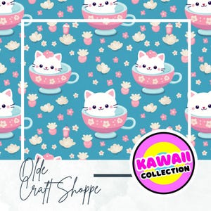 Kawaii Teacup Kittens Seamless Pattern File, Pastel Cat Print, Cute Pet Repeating Tile, Adorable Kitty Digital Paper, Flowers JPG, PNG, PDF