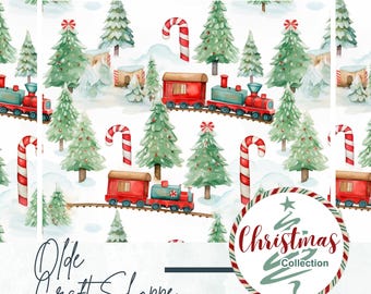Seamless Repeating Pattern Tile File, Watercolour Christmas Train, Presents and Trees, Digital Paper, Textile Pattern Kids, JPG, PNG