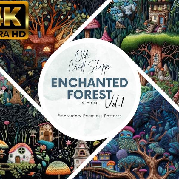 4K Premium Faux Embroidery Seamless File Pattern Bundle, Magical Enchanted Forest, Volume 1, Digital Paper, 3D Texture, Textile Pattern, PNG