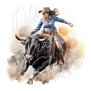 Watercolor Western Female Rodeo Bull Riders Clipart Bundle, Woman, Wild ...