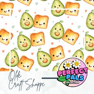 Archivo de mosaico con patrón repetitivo sin costuras, acuarela, adorable aguacate kawaii y tostada, combinaciones de alimentos, pareja perfecta, papel digital, PNG, JPG / PP011