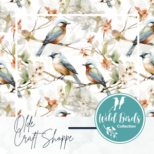 Aquarelle oiseau bleu fleurs transparente motif fichier, impression de la faune, oiseaux sauvages répétant la tuile, papier numérique animaux des bois, gland PNG JPG