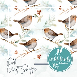 Fichier de motifs répétitifs sans couture, troglodyte aquarelle perché sur une branche, fleurs, impression de la faune, oiseaux sauvages, papier numérique bois, JPG PNG