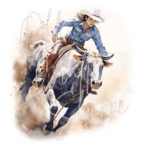 Watercolor Western Female Rodeo Bull Riders Clipart Bundle, Woman, Wild ...