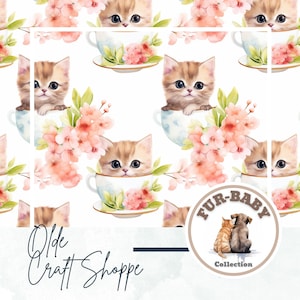 Fichier de modèle sans couture aquarelle tasse de thé chatons, impression de chat, carreau répétitif pour animal de compagnie mignon, papier numérique adorable chaton, fleurs JPG, PNG, PDF